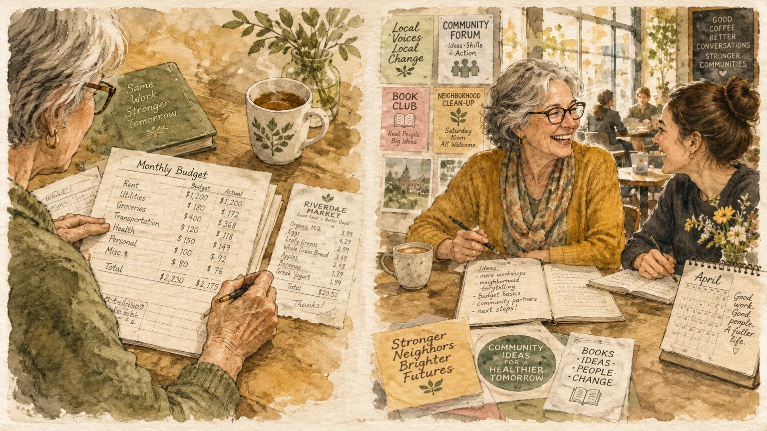 Split illustration showing an older woman reviewing a monthly budget alongside senior and younger coworkers collaborating.