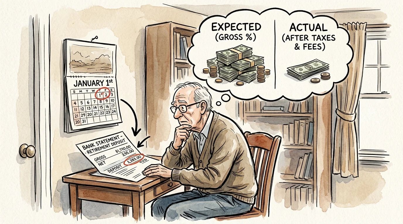 Watercolor illustration of an older man at a desk studying a bank statement next to a thought bubble comparing gross to net cash.