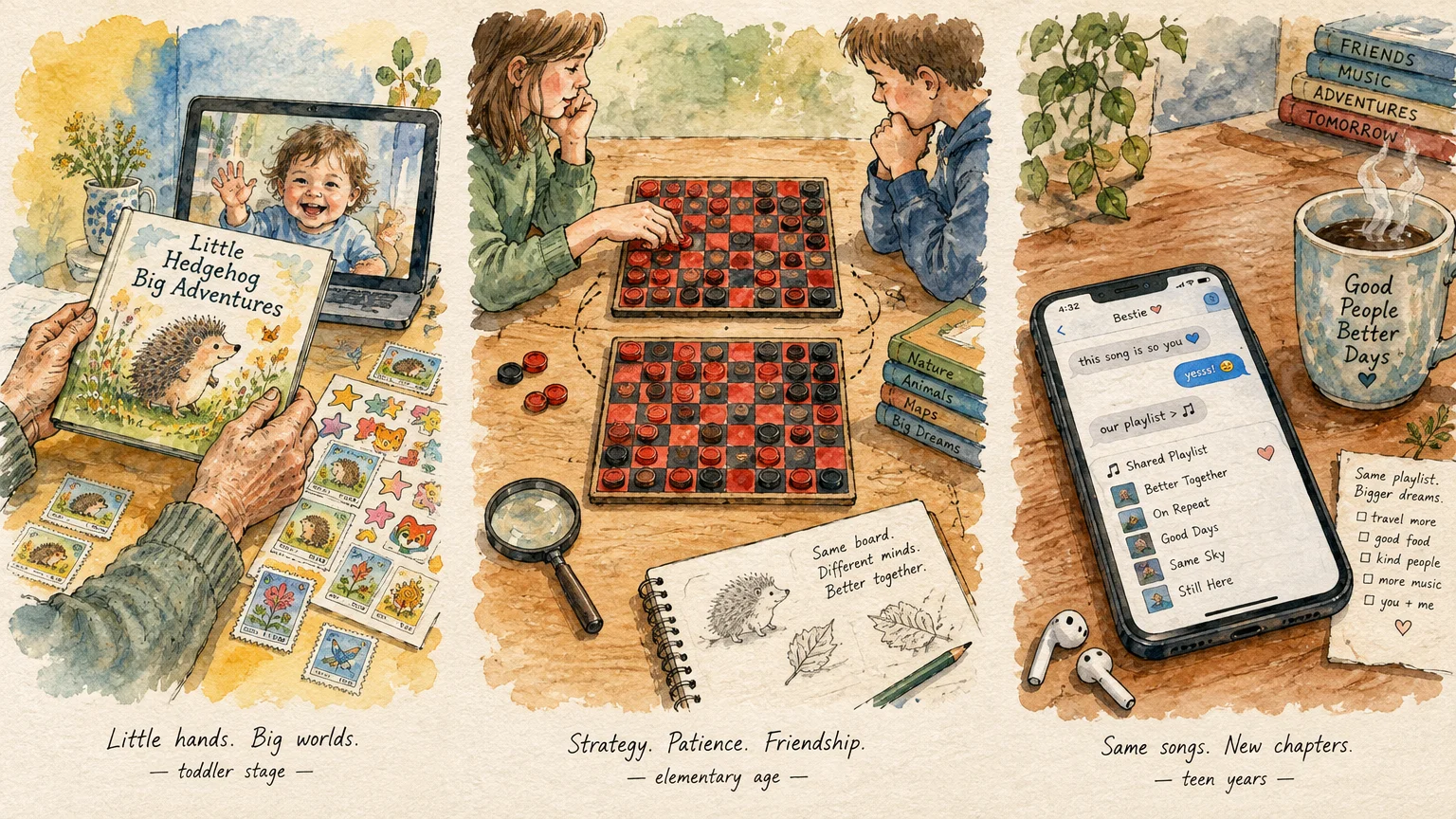 Watercolor triptych showing long-distance bonding through video storytime, remote checkers, and smartphone texting.