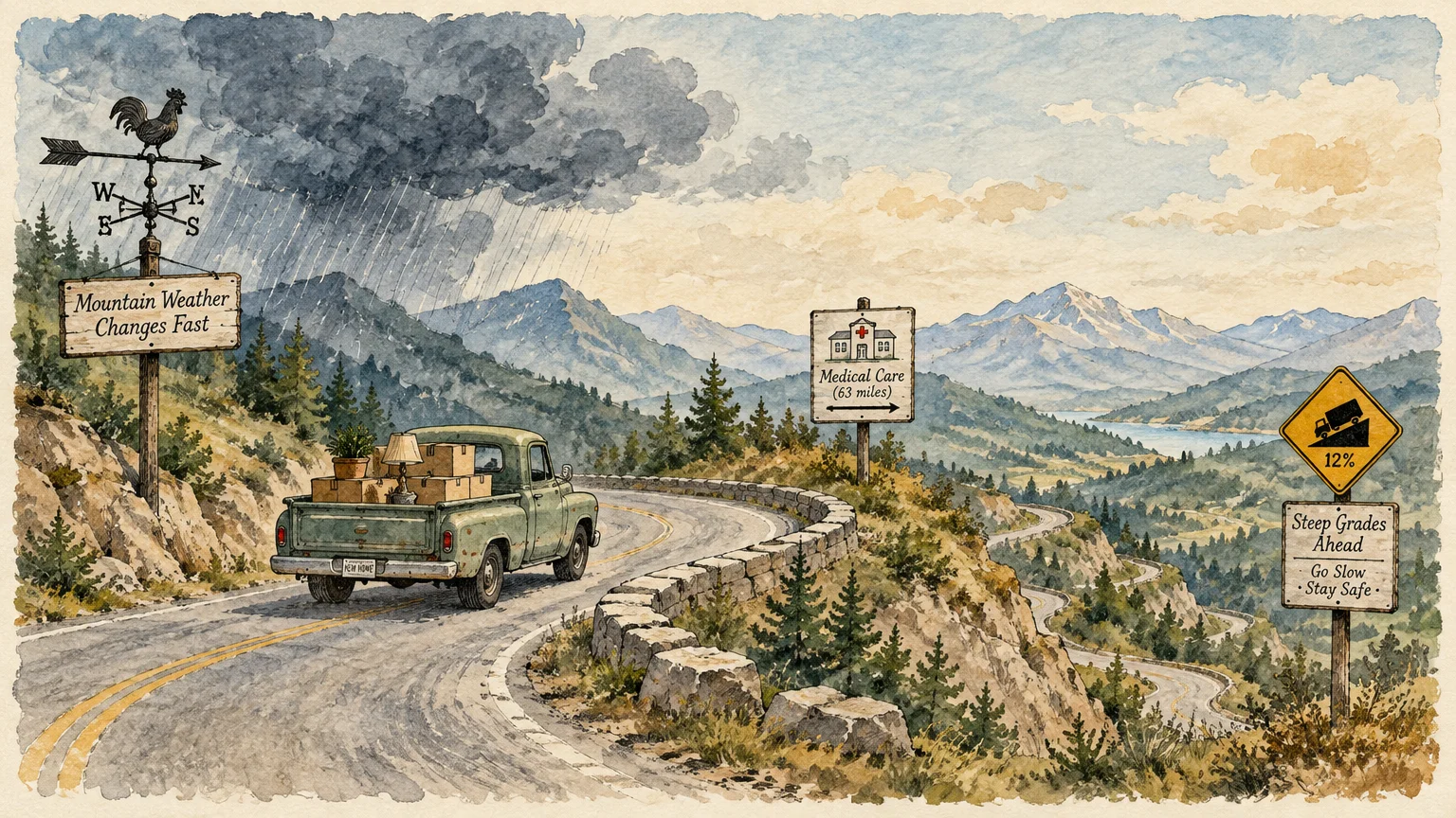 Watercolor illustration of a pickup truck loaded with boxes driving down a winding mountain road past warning signs.