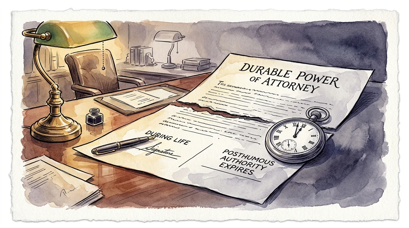 Watercolor illustration of a torn power of attorney document, pocket watch, and pen on a desk beside a green banker's lamp.