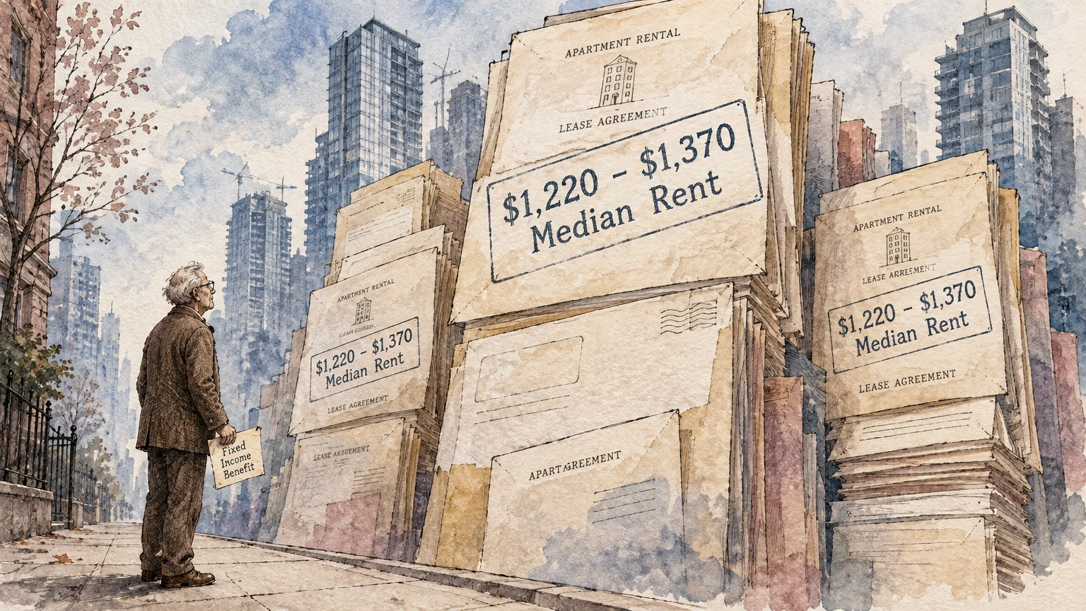 Senior man on a sidewalk looking up at giant towering stacks of apartment lease agreements in front of city skyscrapers.