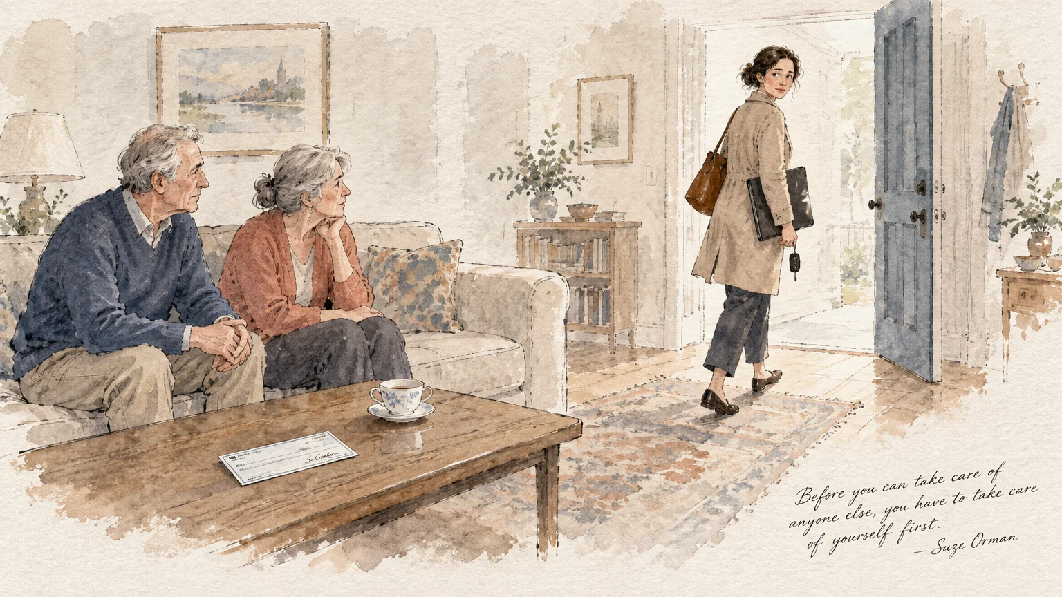 Watercolor of an elderly couple on a sofa watching a woman leave through an open door, with a check on the coffee table.