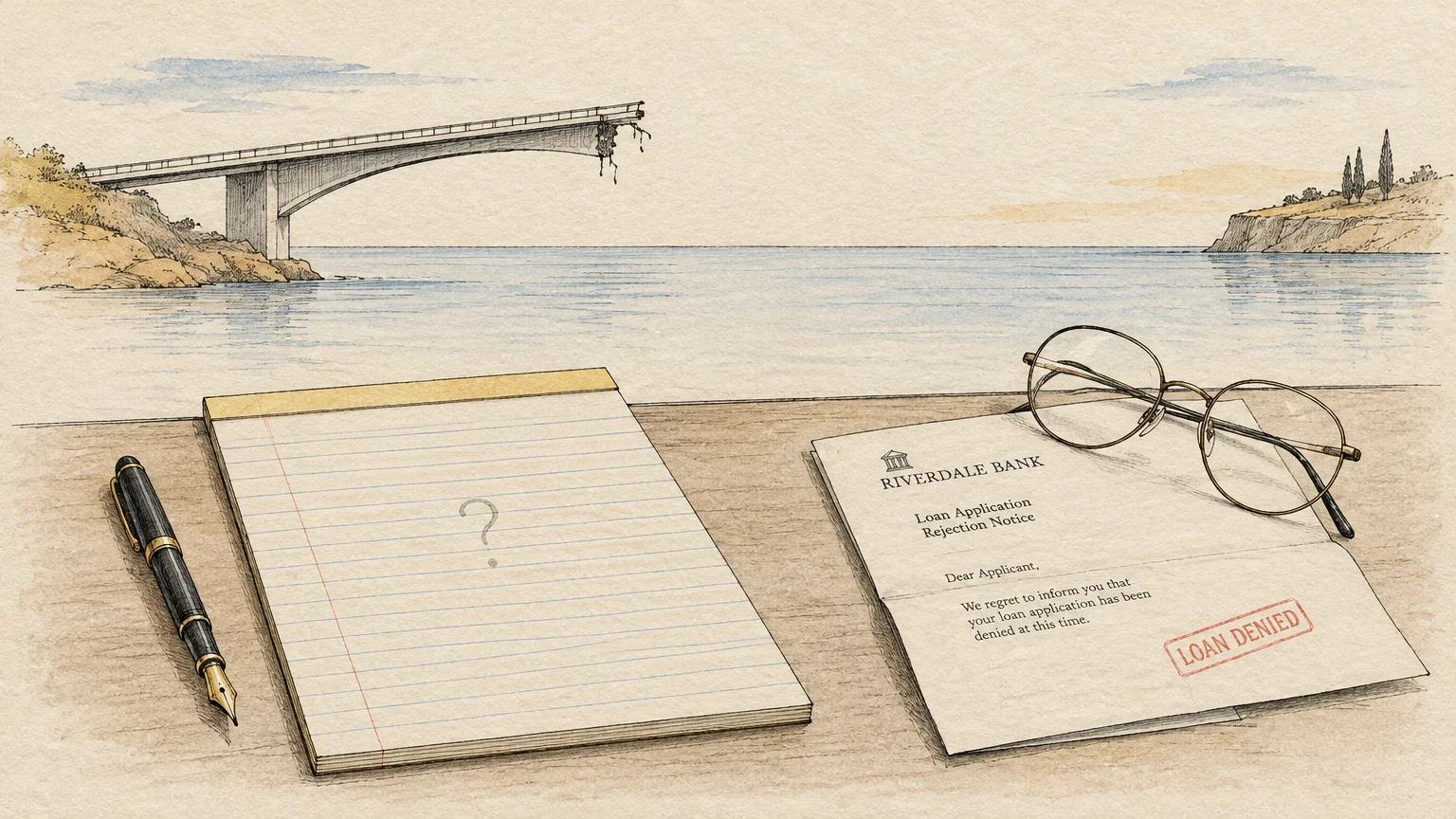 Illustration of a bank loan denial letter, a notepad with a question mark, and a broken bridge over water.