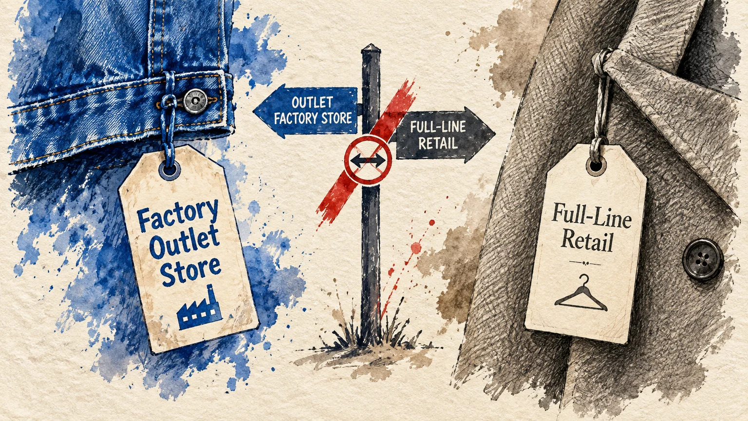 Illustration of factory outlet and full-line retail tags on clothing separated by a signpost with crossed-out arrows.