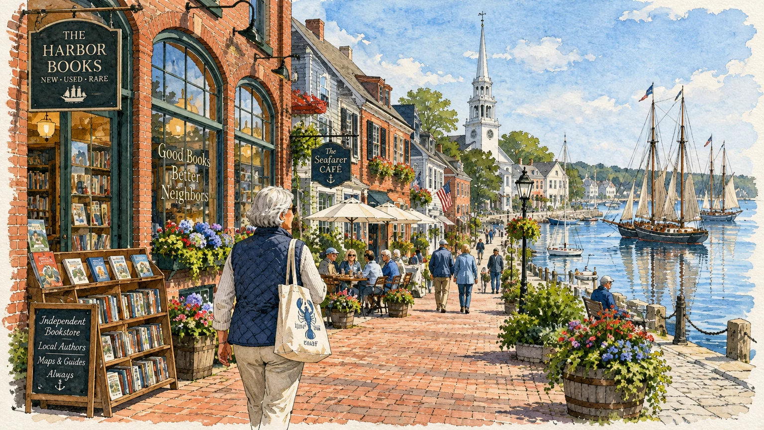 Watercolor illustration of people strolling along a brick waterfront promenade lined with shops, cafes, and sailboats.