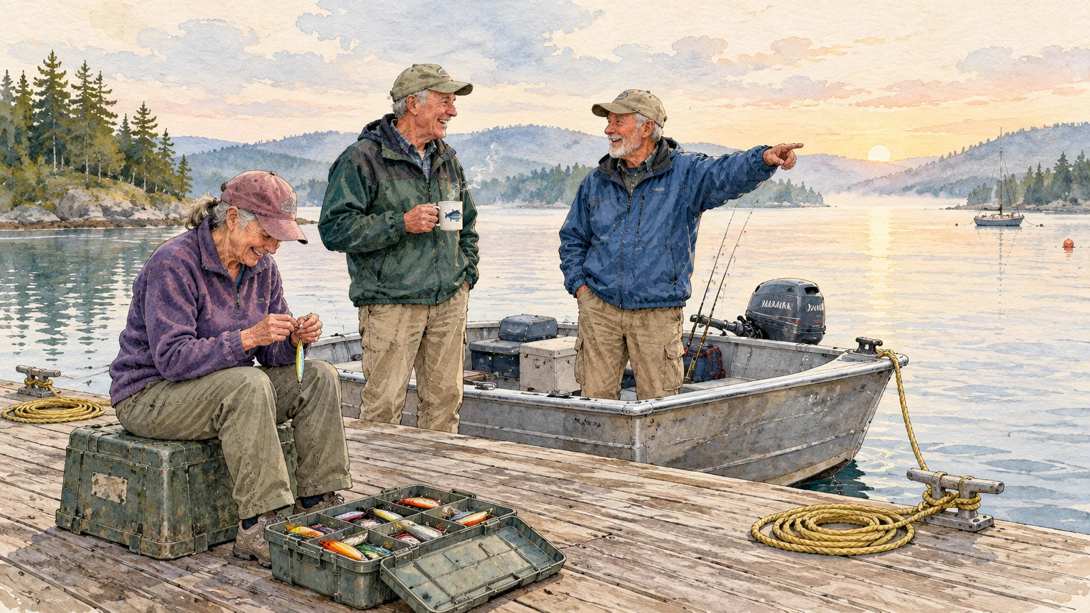 Watercolor illustration of three retirees smiling and preparing fishing gear on a wooden dock at sunrise.