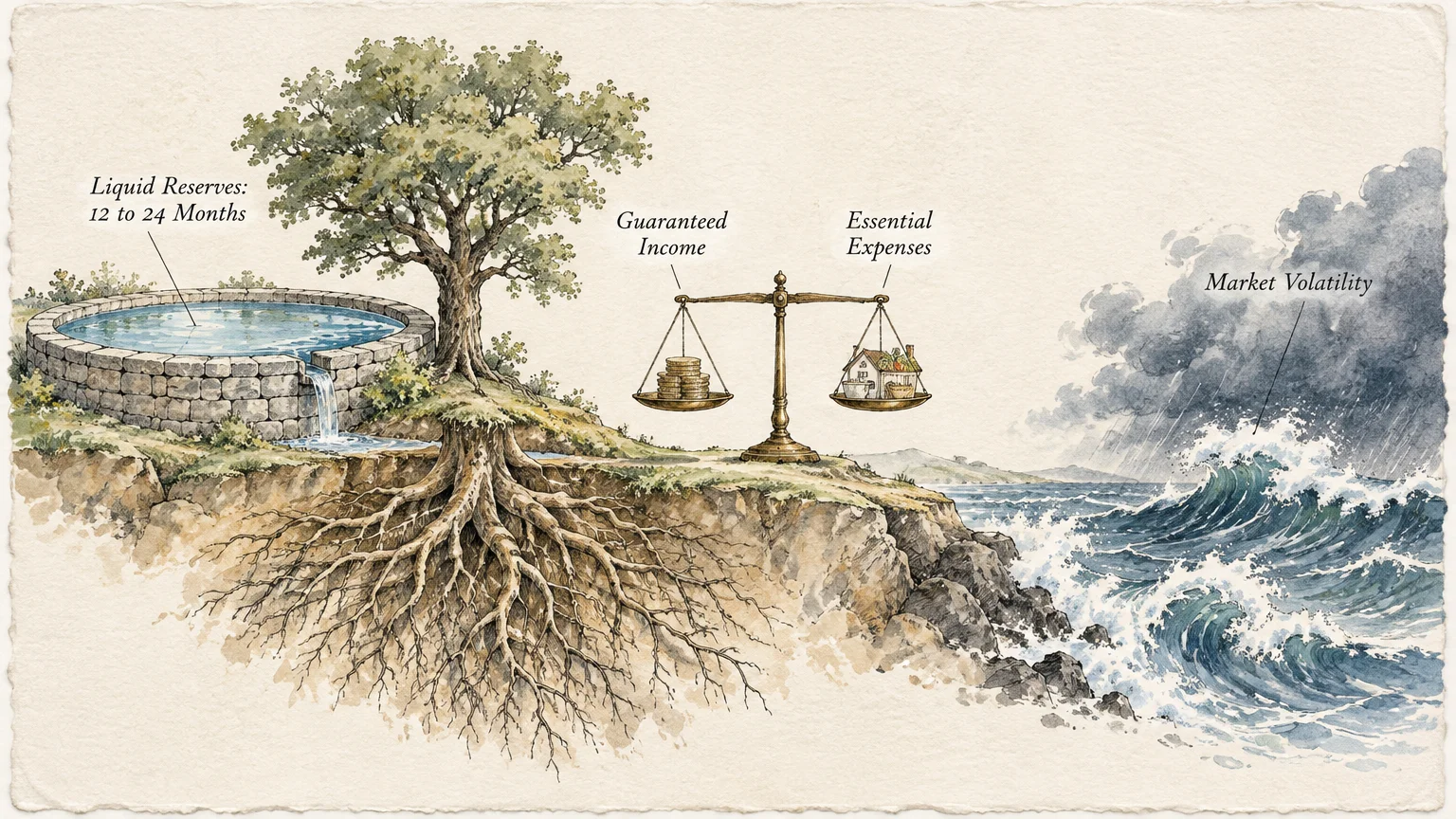 Watercolor illustration of a tree and water reservoir beside a balance scale on a cliff overlooking stormy ocean waves.