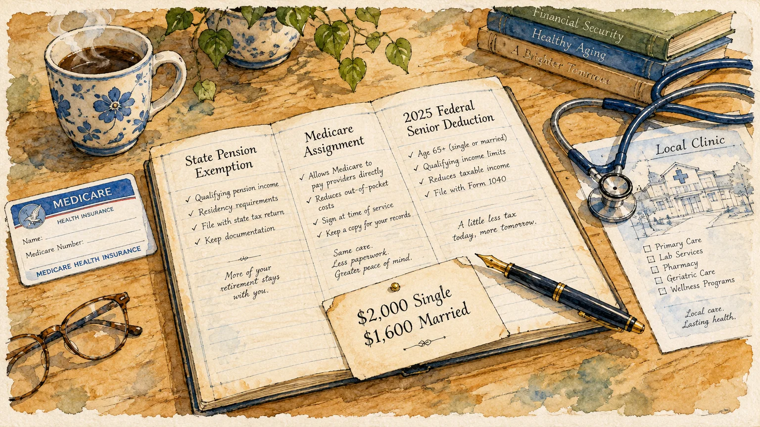 Watercolor desk scene with an open notebook, stethoscope, Medicare card, tea cup, and notes on retirement deductions.