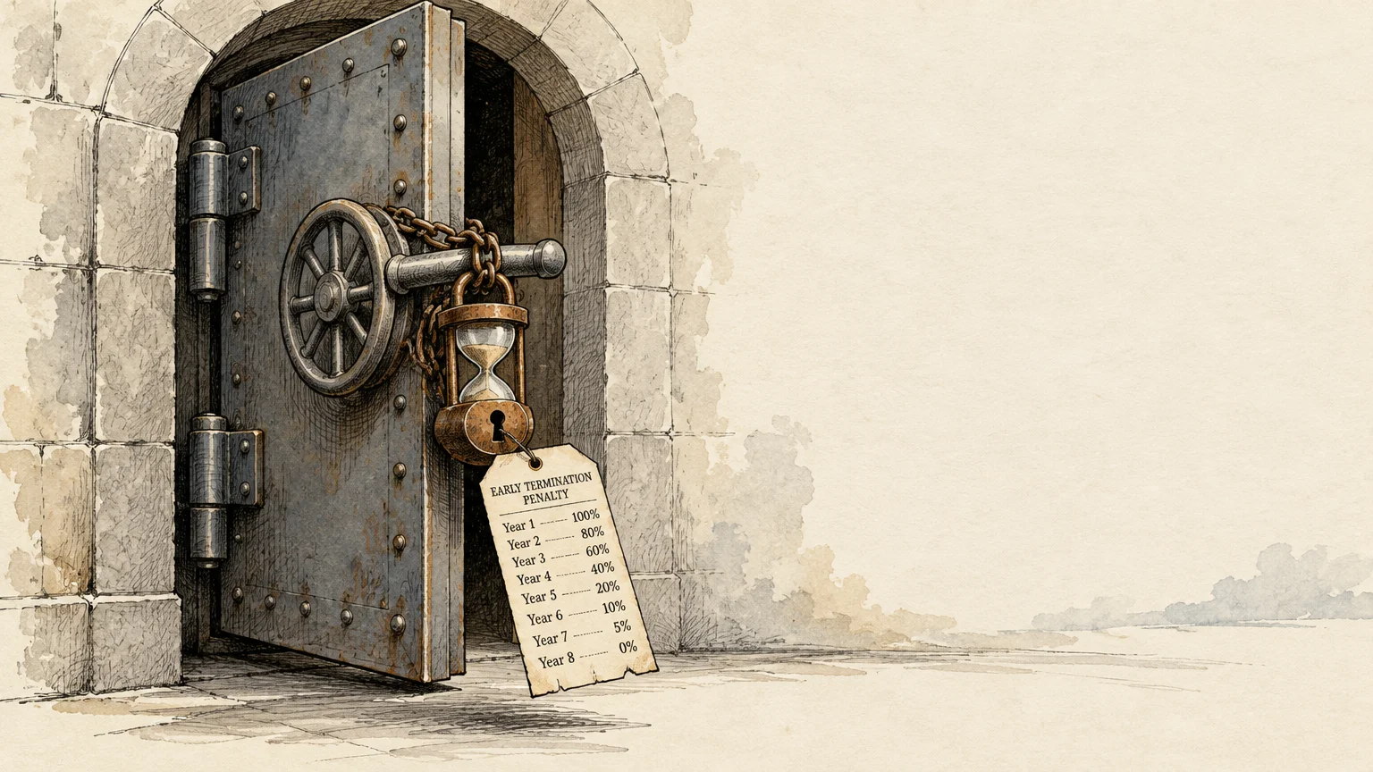 Ink illustration of an open metal vault door locked by an hourglass padlock with an early termination penalty tag.