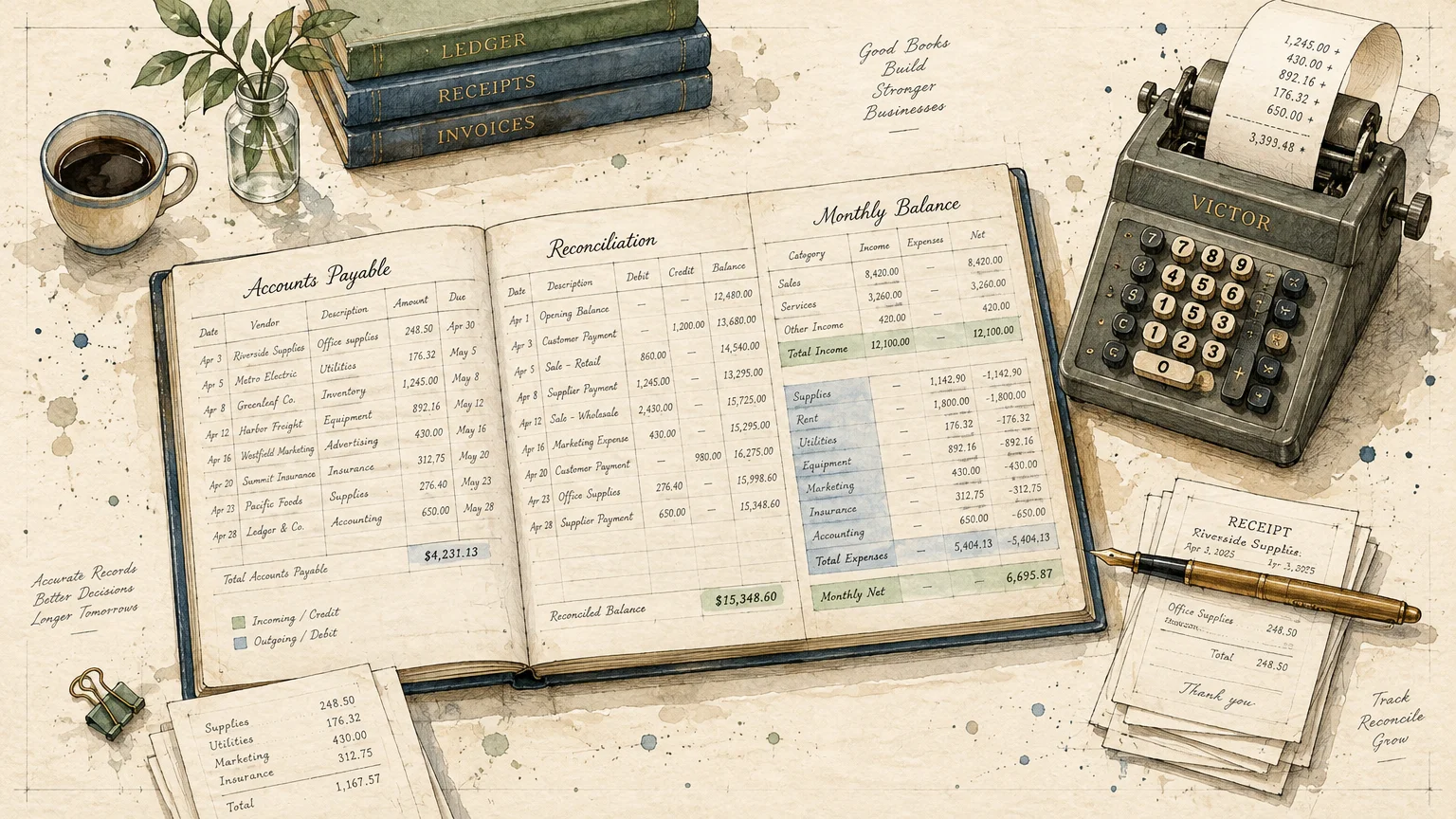 Overhead watercolor illustration of an open ledger, adding machine, receipts, stacked books, and coffee cup on a desk.