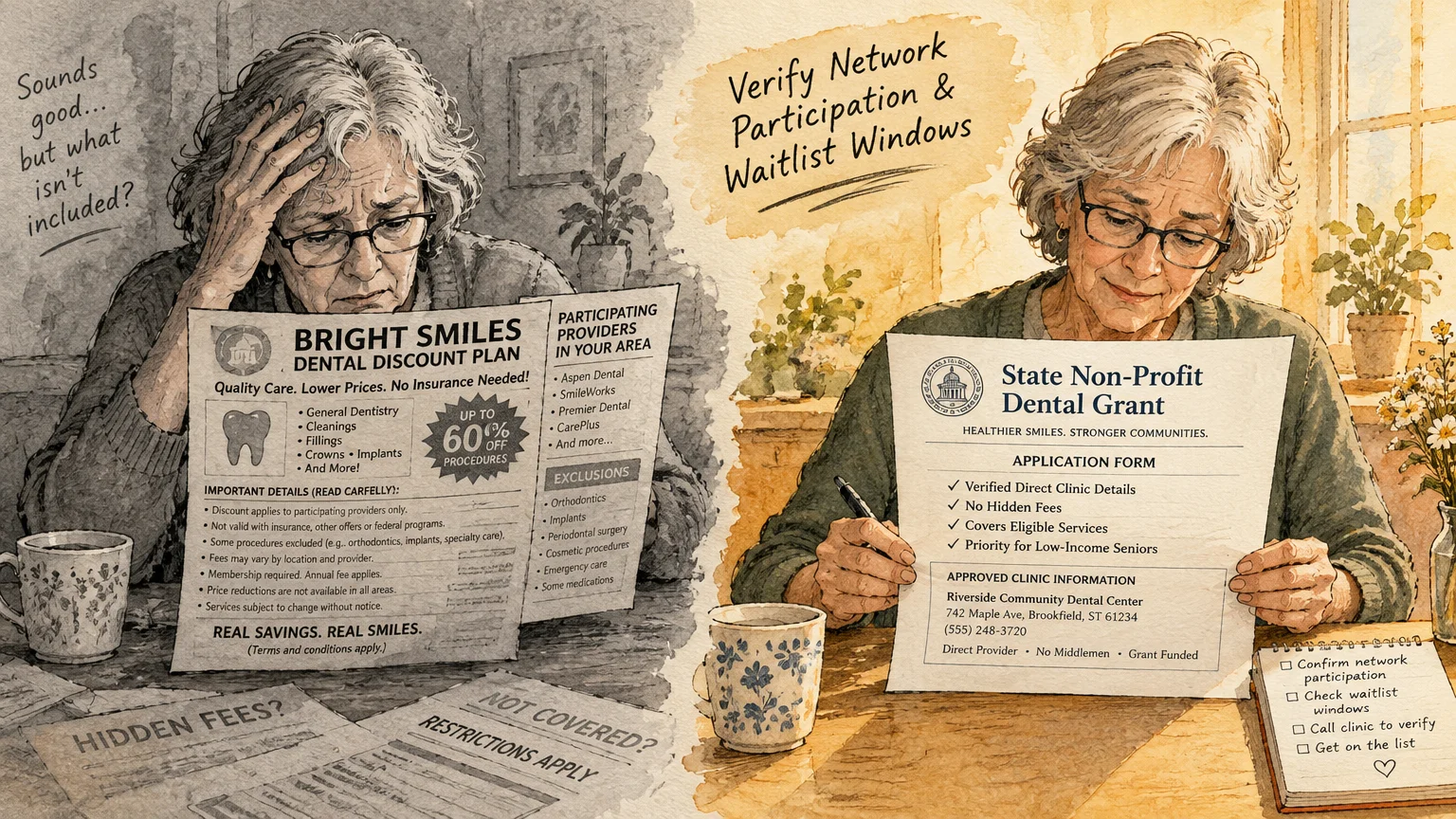 Split illustration of a senior woman stressed over a commercial discount plan flyer versus pleased with a non-profit grant form.