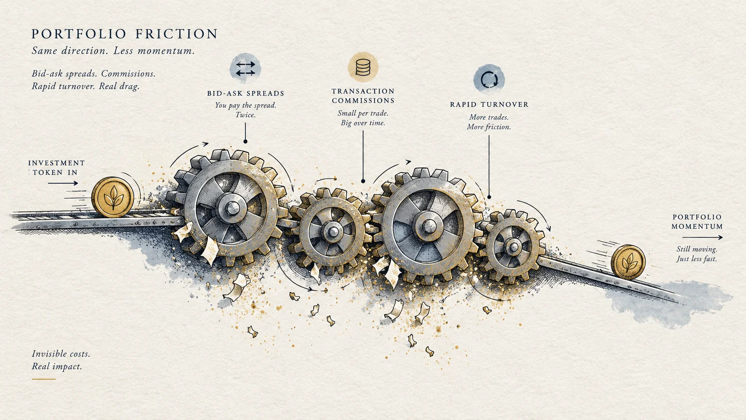 Diagram of interlocking metal gears grinding paper scraps as a gold coin rolls along a track, illustrating trading friction.