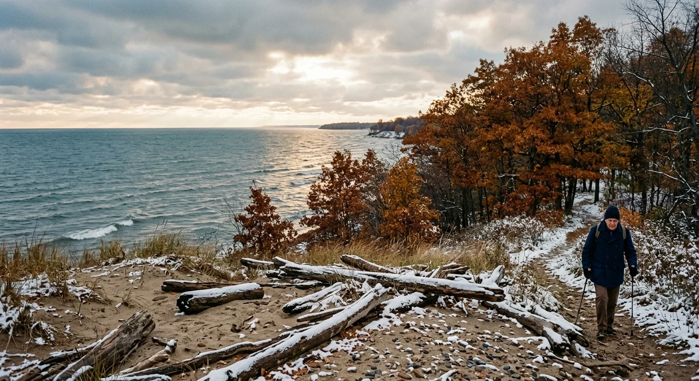 A person hikes with trekking poles along a snowy lakeshore path bordered by autumn trees and driftwood overlooking water.