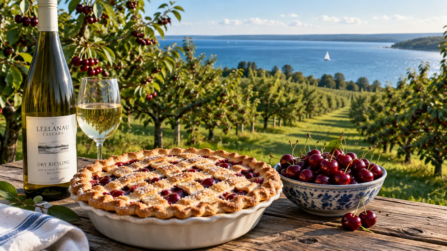 Cherry pie, a bowl of cherries, and a bottle and glass of white wine set on a table overlooking an orchard and lake.
