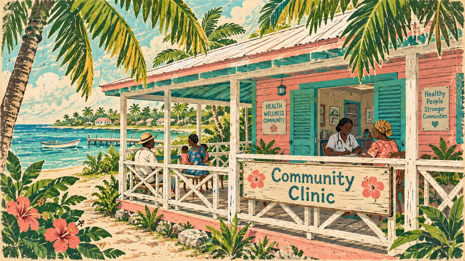 Illustration of a tropical seaside community clinic with patients waiting on the porch as a doctor examines a woman inside.