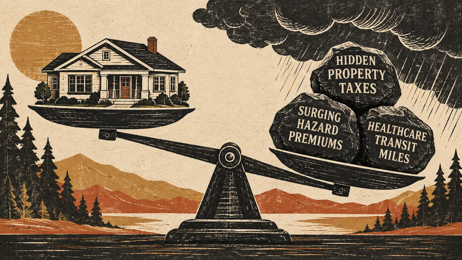 Illustration of a scale weighing a house against heavy boulders labeled with property taxes, insurance, and transit costs.