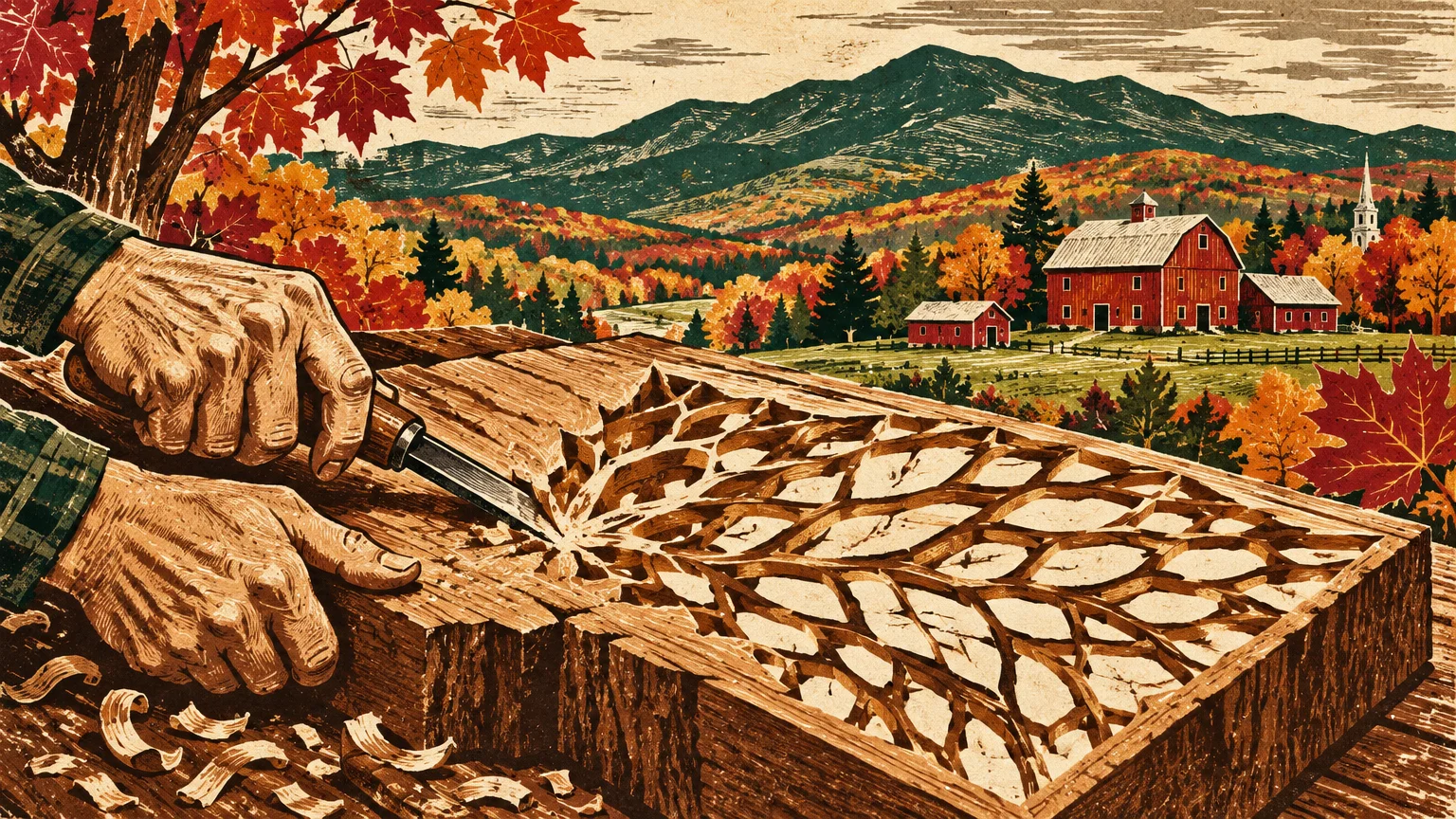 Hands carve wood with a chisel against a scenic autumn landscape of red barns, colorful trees, and rolling mountains.
