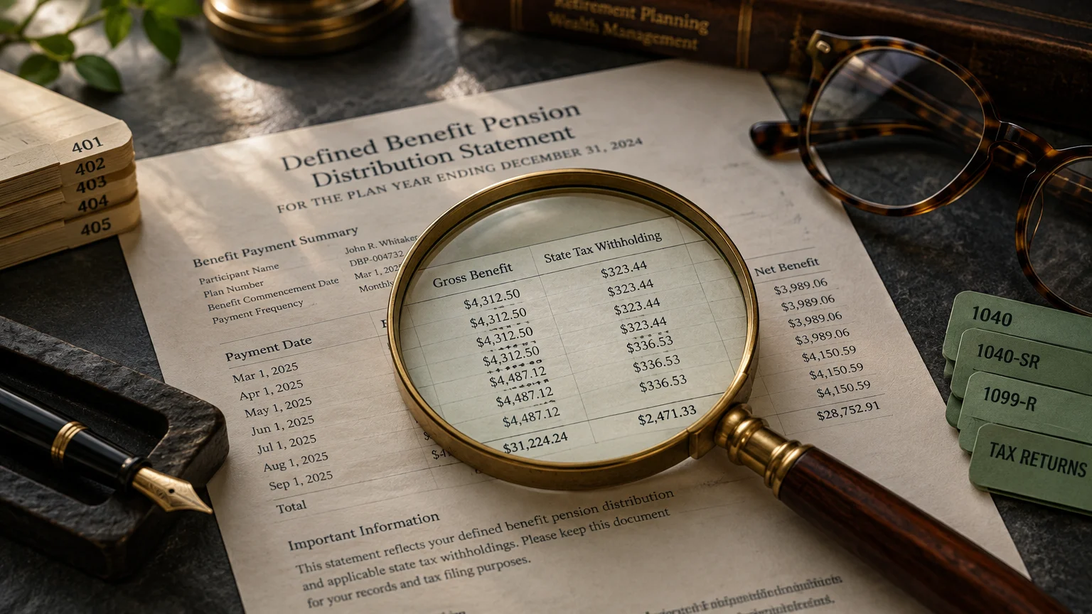 A magnifying glass over a defined benefit pension distribution statement beside eyeglasses and tax tabs on a desk.