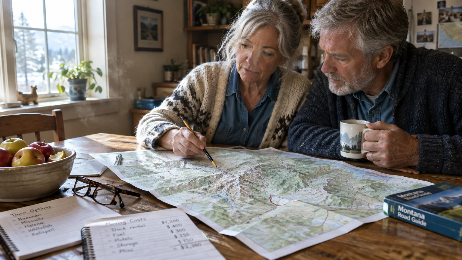 A senior couple sits at a wooden table studying a topographical map alongside handwritten moving cost notes.