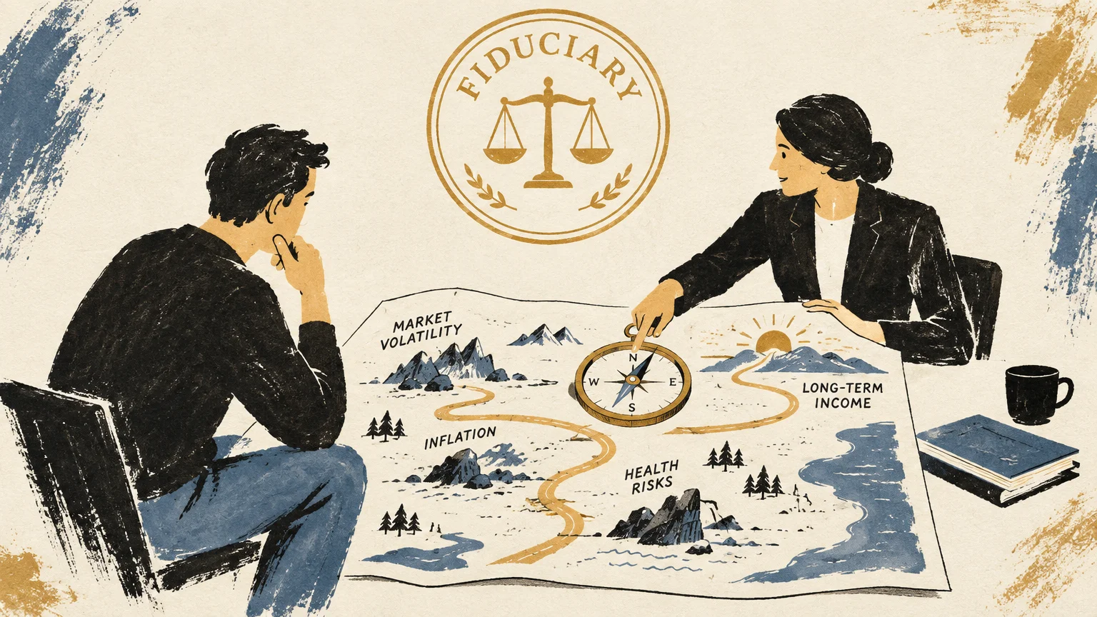 Illustration of an advisor guiding a client through an illustrated financial landscape map under a fiduciary seal.