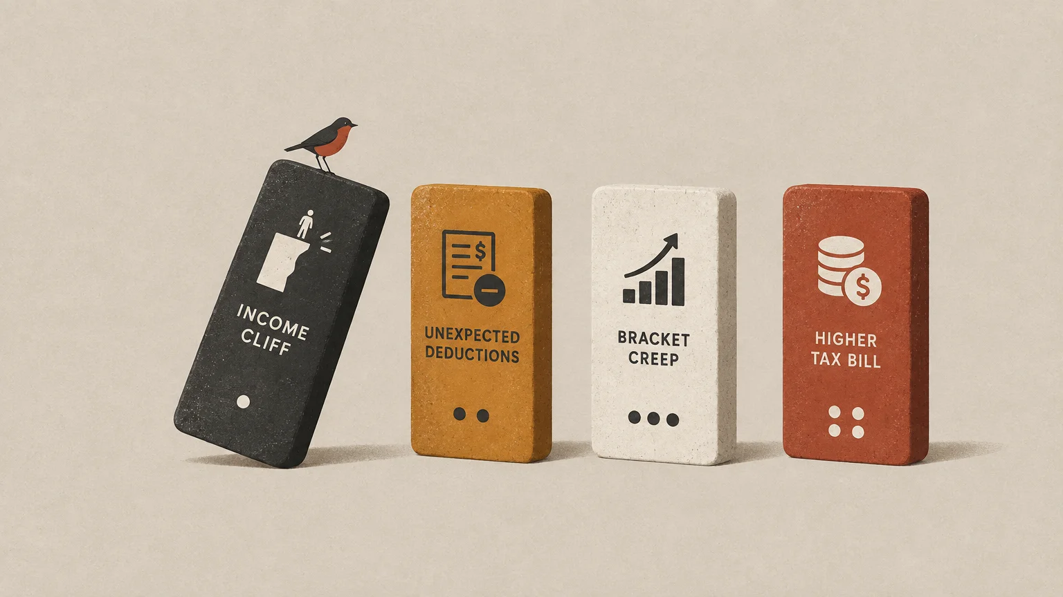 Four upright domino blocks labeled income cliff, unexpected deductions, bracket creep, and higher tax bill, with a bird atop one.