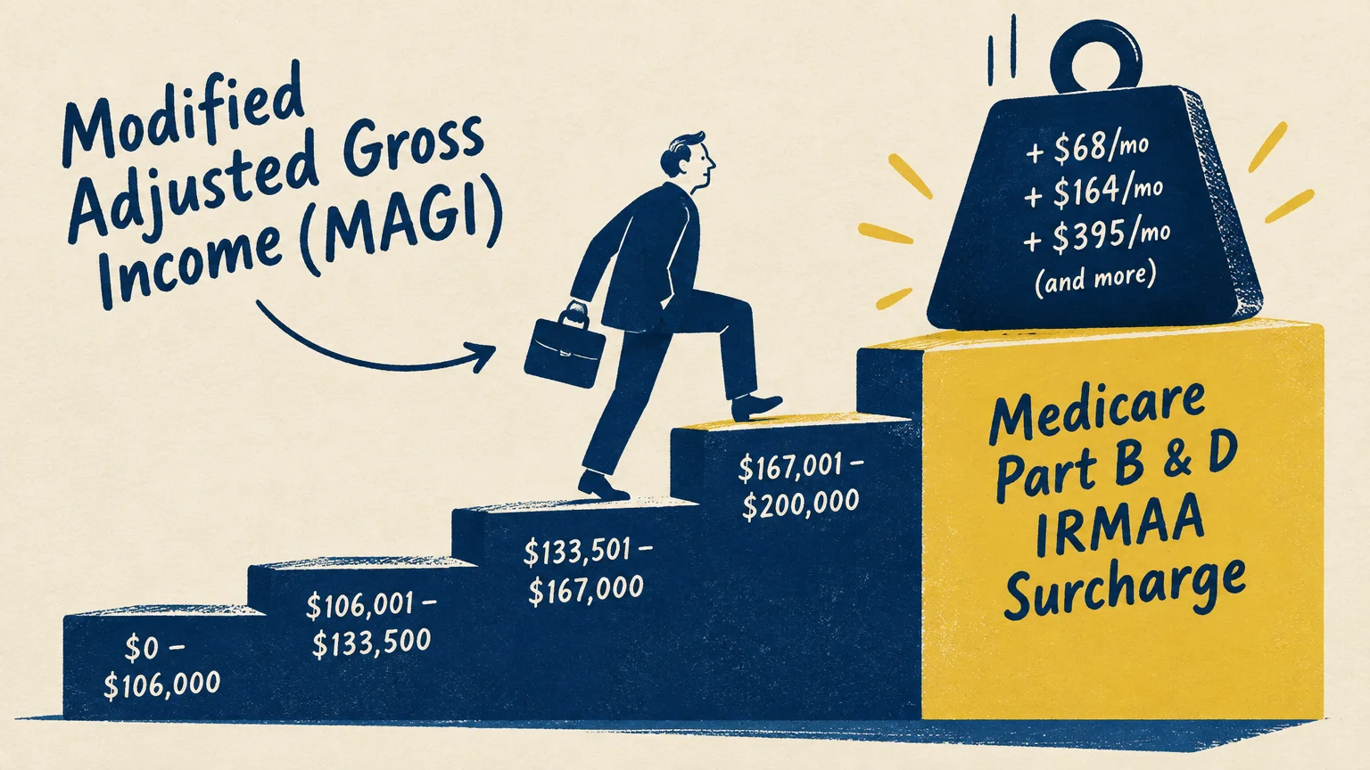 Illustration of a businessman climbing stairs labeled with income brackets toward a heavy weight labeled IRMAA surcharges.