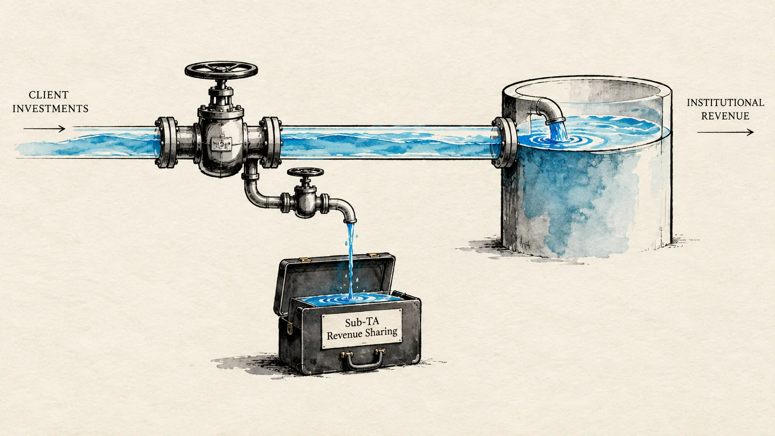 Water flowing through a pipe into a tank, with a tap diverting liquid into a briefcase labeled Sub-TA Revenue Sharing.
