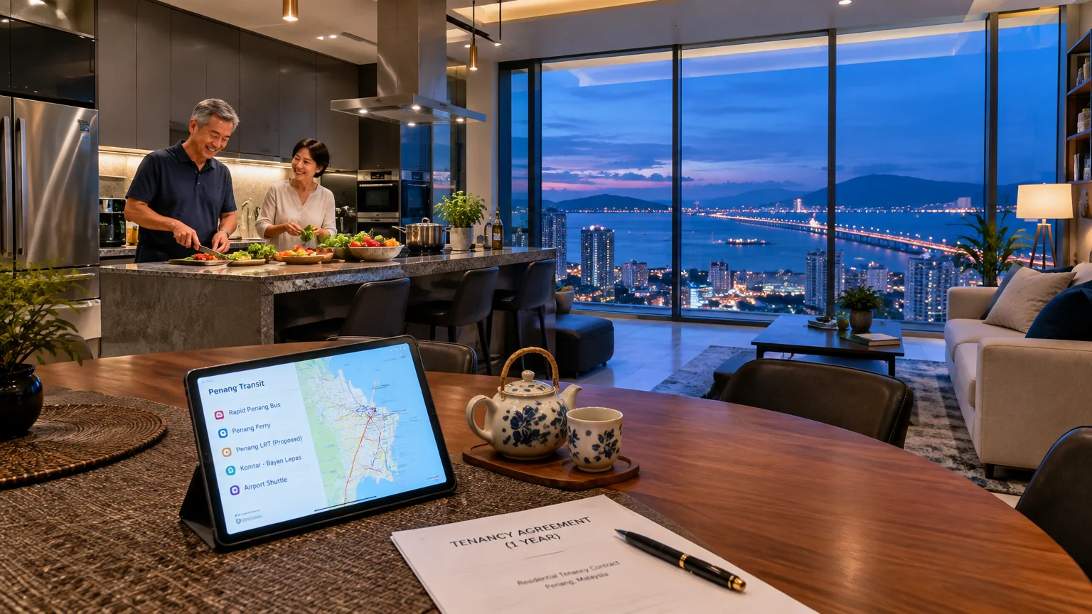 Couple cooking in a luxury high-rise condo kitchen overlooking a coastal city skyline at dusk, near a tenancy agreement.