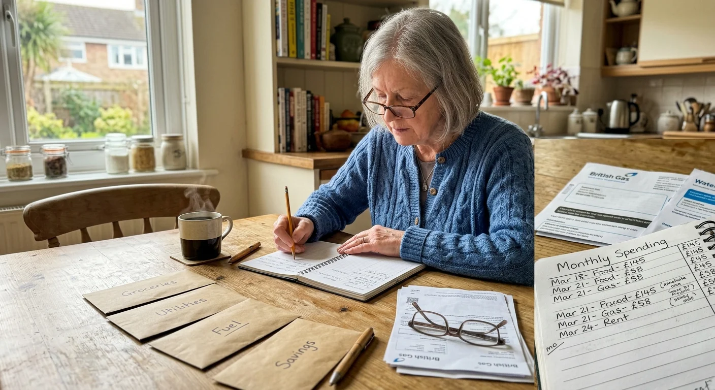A senior woman writing in a planner at a table beside budgeting envelopes and utility bills.