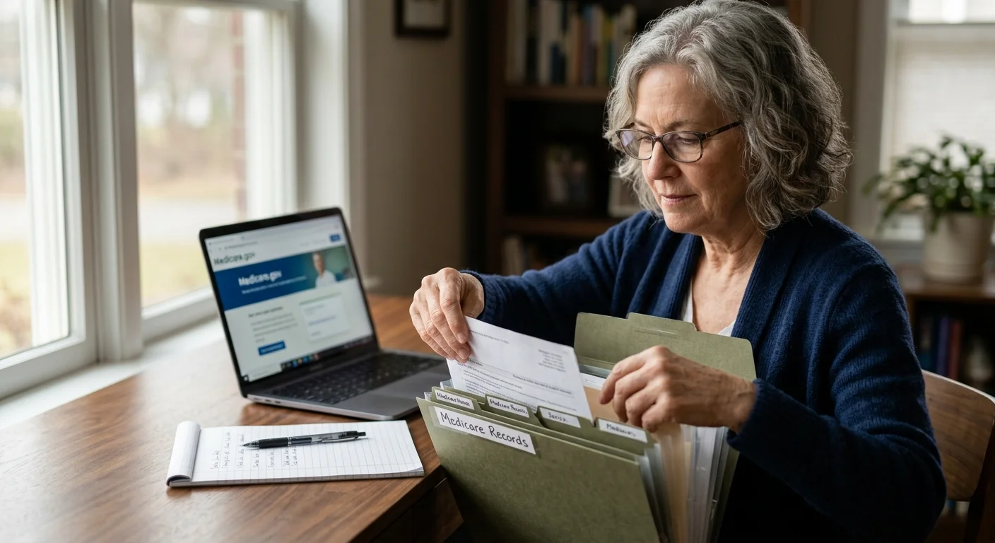 A woman sits at a wooden table reviewing papers from a green folder labeled Medicare Records next to an open laptop.