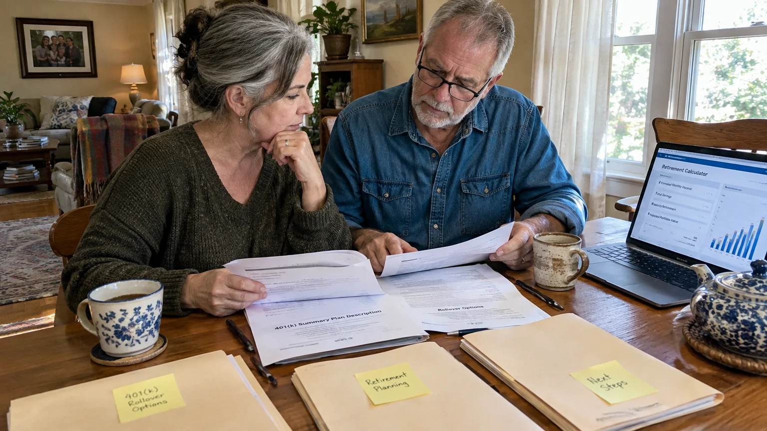 A mature couple sits at a wooden table reviewing 401(k) paperwork beside folders and a laptop displaying charts.