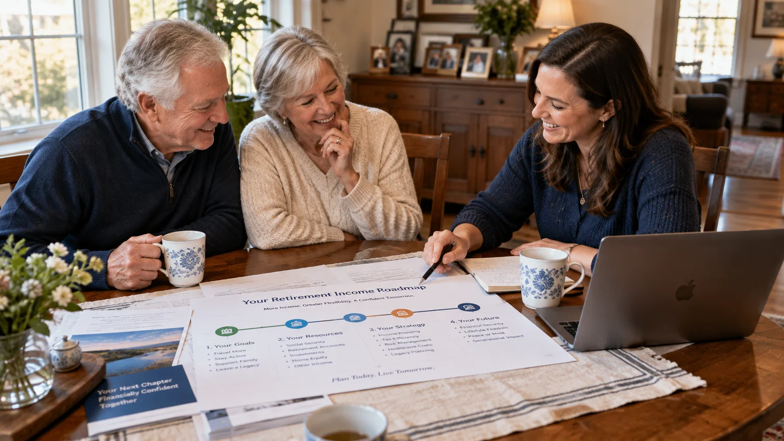 A female advisor points to a retirement income roadmap while meeting with a senior couple seated at a dining table.