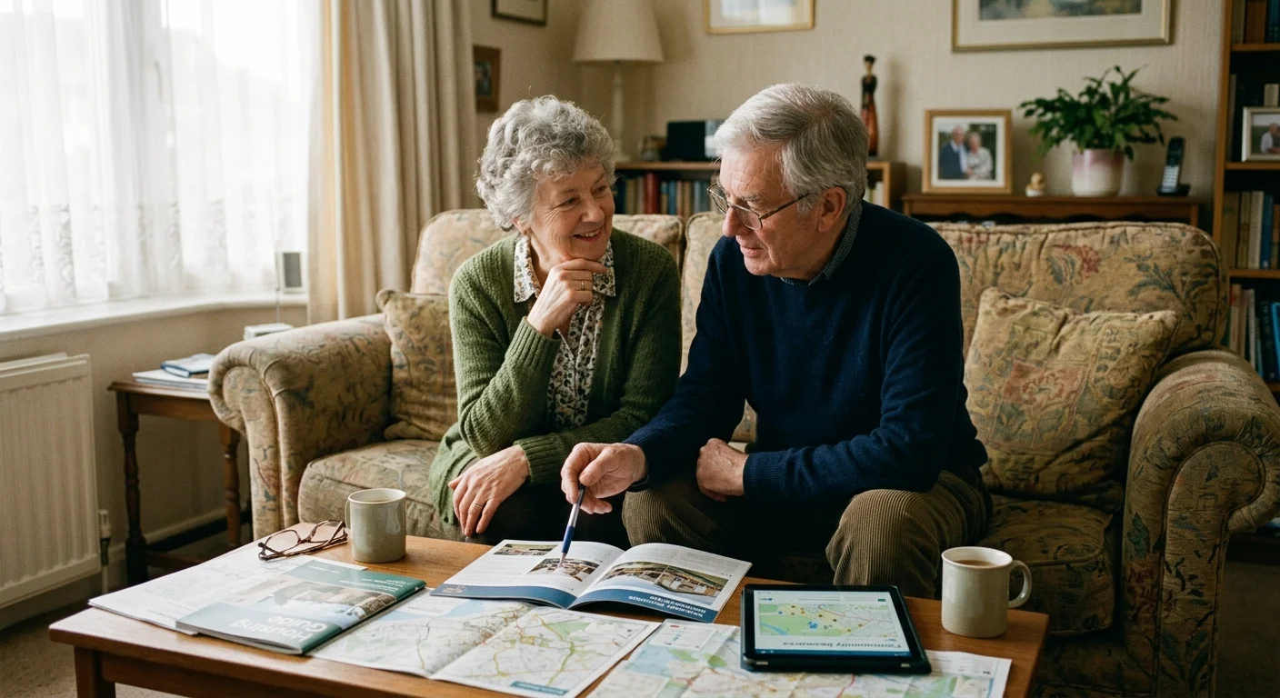 Older couple sitting on a floral sofa reviewing travel brochures, maps, and a tablet spread on a coffee table.