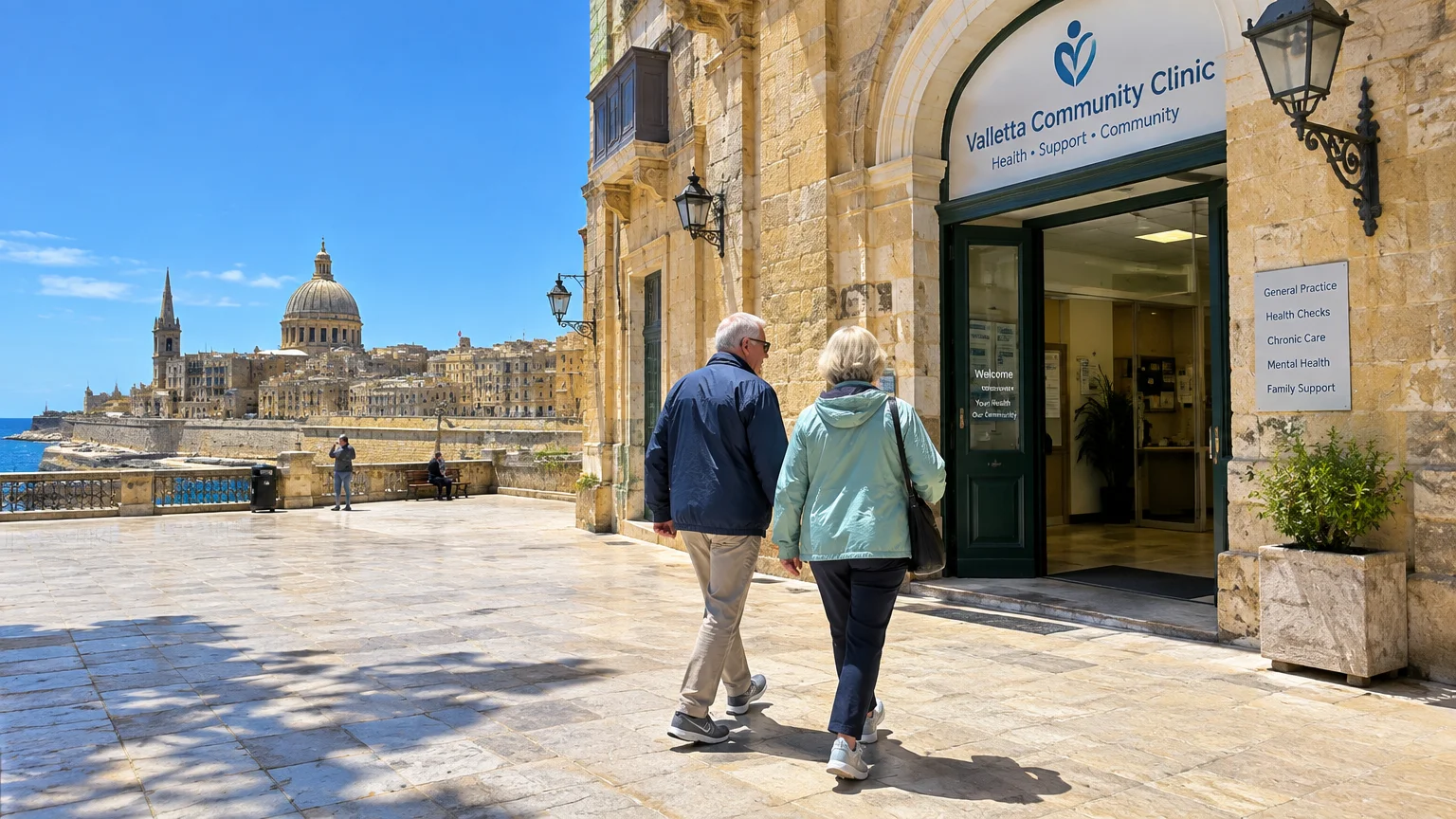 Older couple walking toward the Valletta Community Clinic entrance overlooking a coastal Mediterranean cityscape.