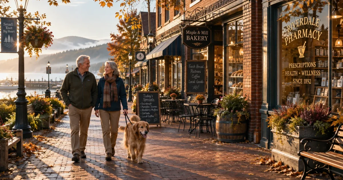 Senior couple walking a golden retriever down a brick sidewalk lined with shops and bakery outdoor seating near a lake.