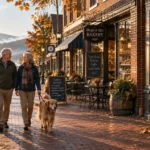 Senior couple walking a golden retriever down a brick sidewalk lined with shops and bakery outdoor seating near a lake.
