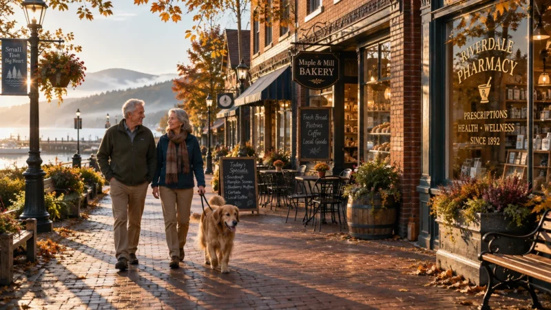 Senior couple walking a golden retriever down a brick sidewalk lined with shops and bakery outdoor seating near a lake.