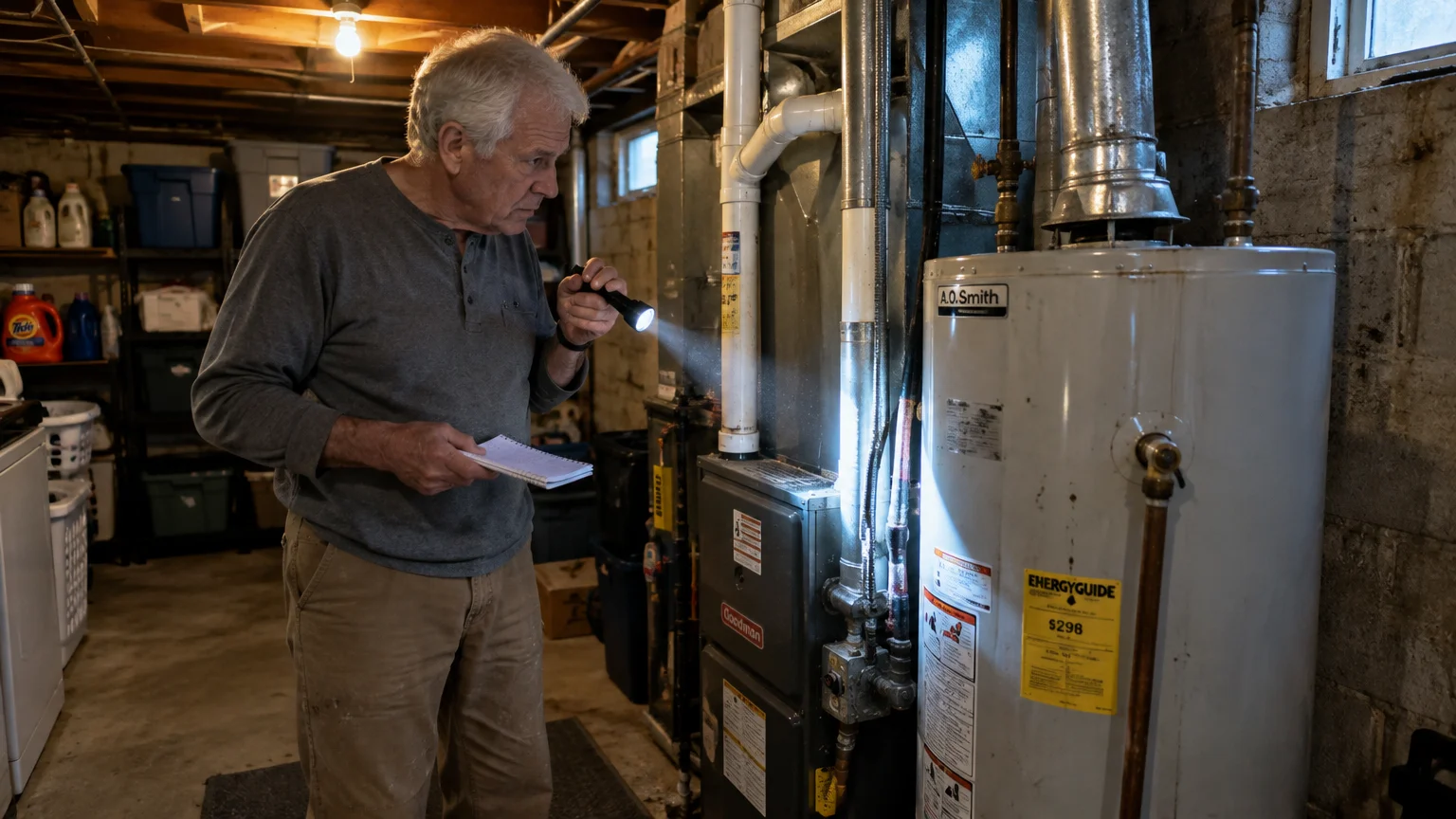An older man with a flashlight and notepad inspects a furnace and water heater in a basement.