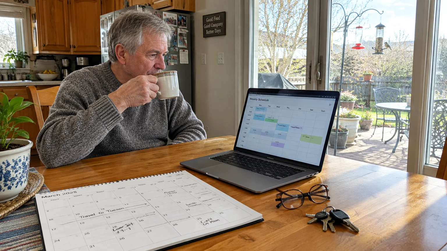 A man drinking coffee at a wooden table beside a laptop showing a weekly schedule and a monthly calendar planner.