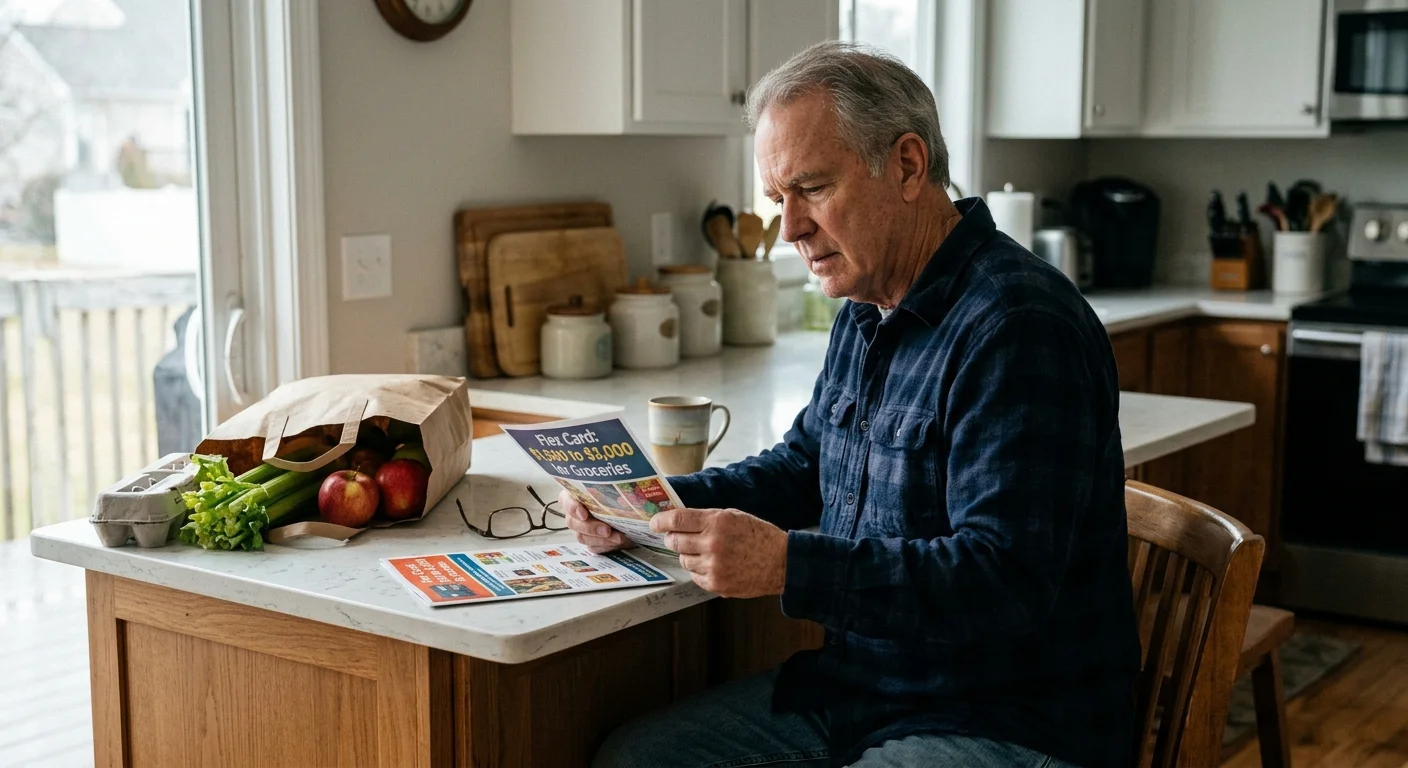 An older man sits at a kitchen counter reading a flyer offering grocery flex cards next to a bag of produce.