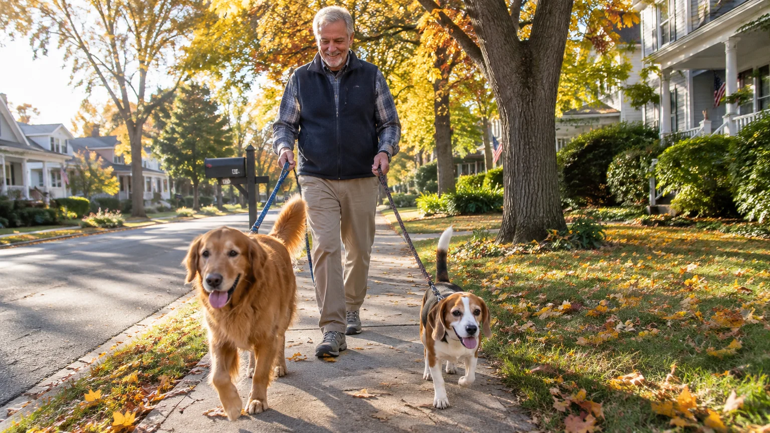 Senior man smiling while walking a golden retriever and a beagle on leashes along a tree-lined suburban sidewalk.