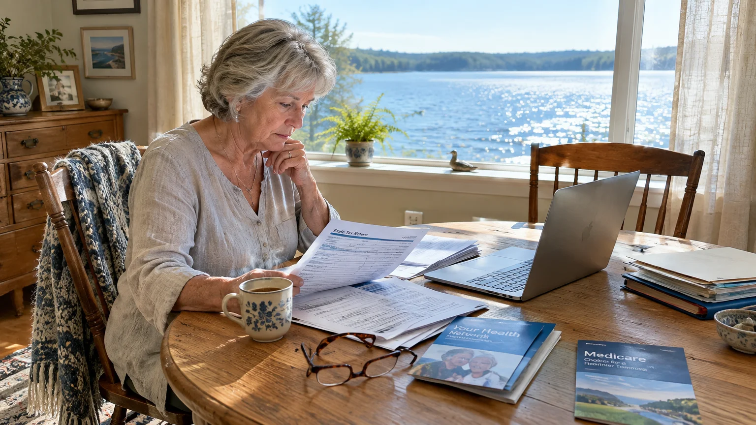 A senior woman reviews papers at a dining table with a laptop, seated before a large window overlooking a lake.