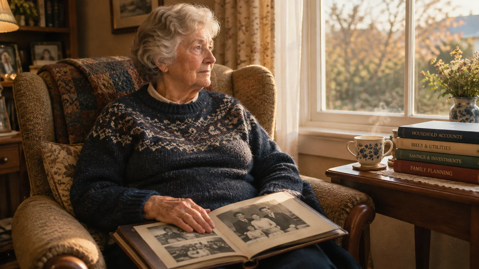 Elderly woman sitting in an armchair by a window, holding an open photo album on her lap next to stacked ledger books.
