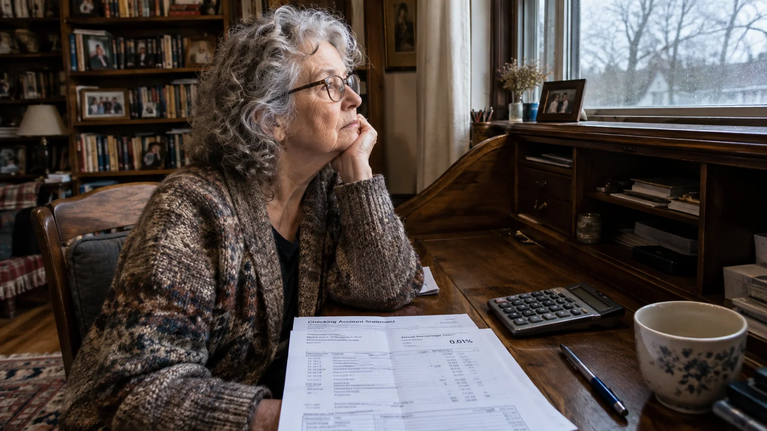 Senior woman with glasses resting her chin on her hand at a rolltop wooden desk with financial papers and a calculator.