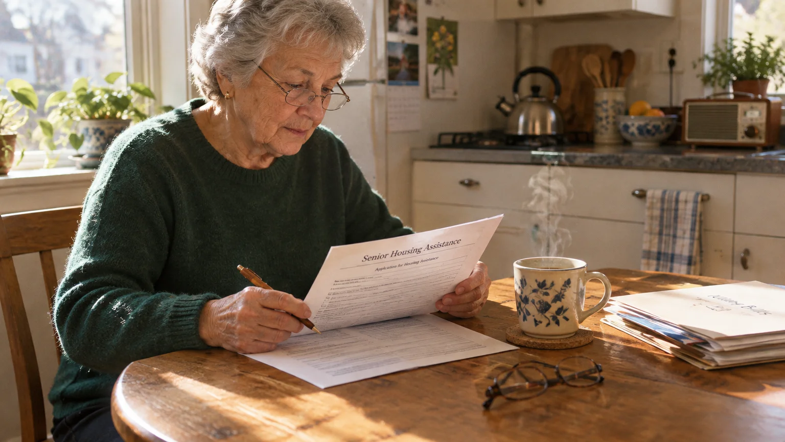 Older woman with glasses sitting at a wooden kitchen table reading a Senior Housing Assistance application.