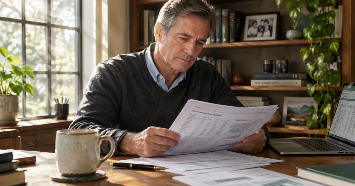 A mature man at a wooden desk reviewing a retirement account statement near a laptop and window.