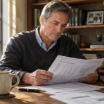 A mature man at a wooden desk reviewing a retirement account statement near a laptop and window.