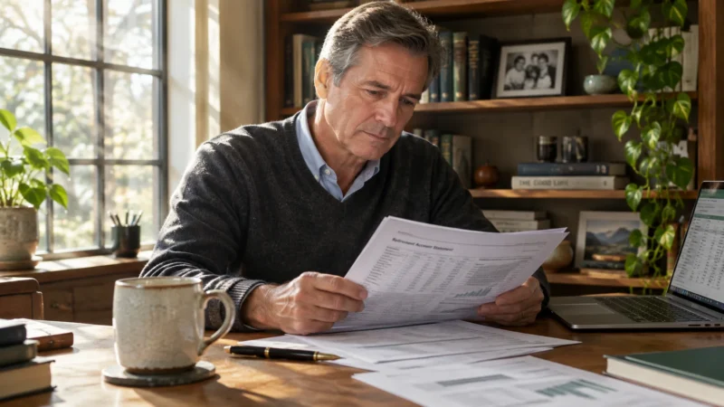 A mature man at a wooden desk reviewing a retirement account statement near a laptop and window.