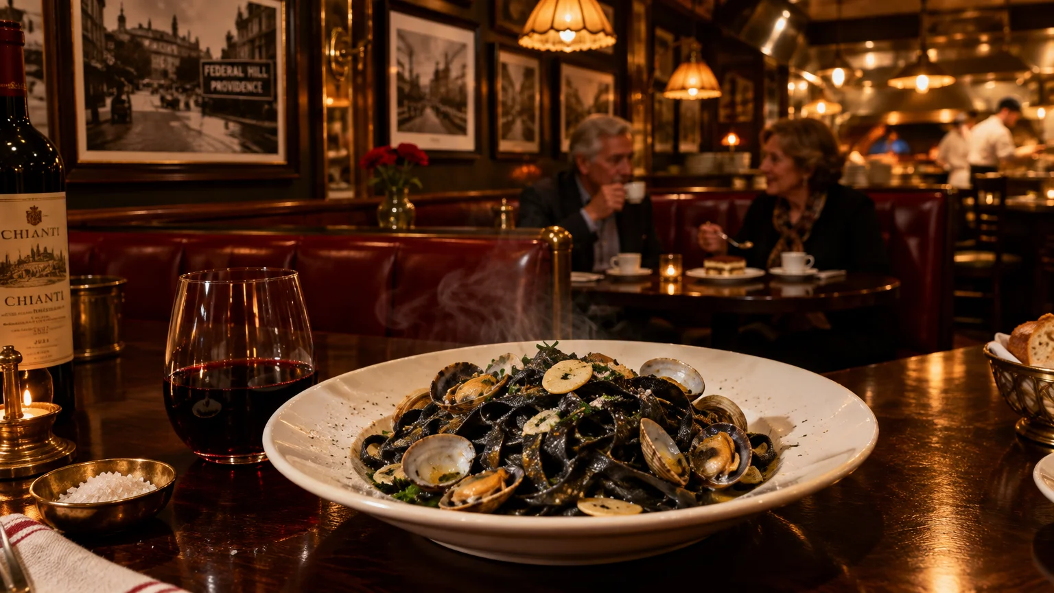 A steaming bowl of squid ink pasta with clams on a wooden table, beside red wine and diners seated in a booth.
